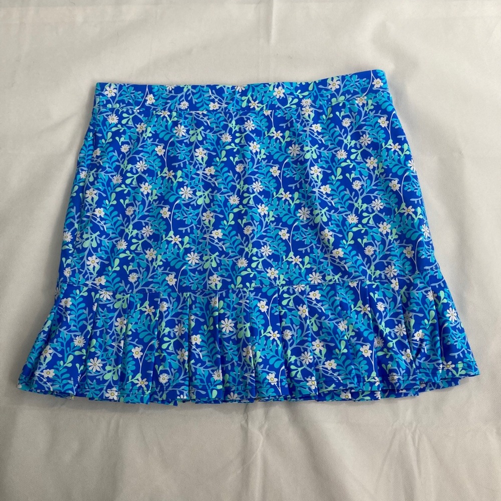 Lulu-B Blue Floral Pleated Ruffle Skort Large Golf Tennis Activewear Skirt